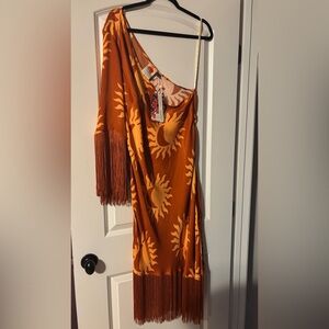 NWT Farm Rio X Anthropologie Orange Sunburst One-Shoulder Dress